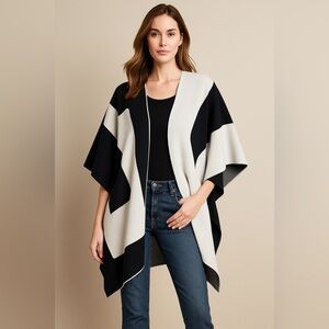 Chico’s Black White Colorblock Open Front Poncho One Size Cotton